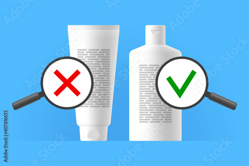 Cosmetic products with ingredient informations, tick and cross mark