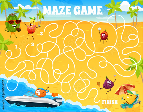 Cartoon fruits characters on summer beach, labyrinth maze game, vector quiz. Kids labyrinth maze worksheet puzzle to find way for feijoa, papaya and melon with fig to summer sea beach for speedboat