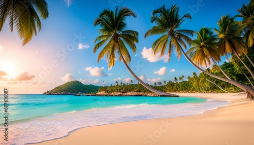 Serene beach scene with crystal clear water and white sand. Generative AI