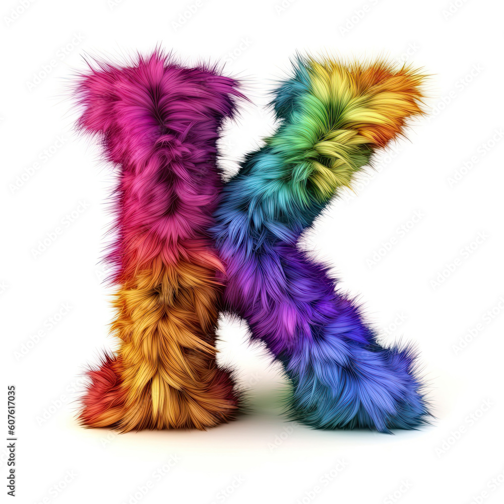 Furry letter in rainbow pride colors made of fur and feathers. Capital K Furry letter in rainbow pride colors made of fur and feathers. Capital K
