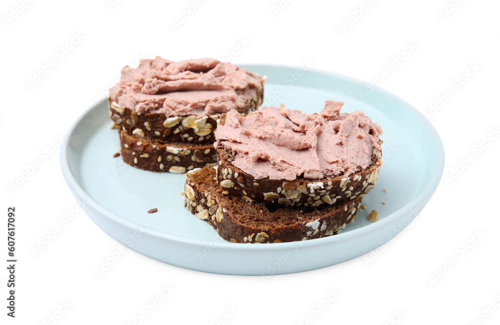 Plate with delicious liverwurst sandwiches isolated on white Plate with delicious liverwurst sandwiches isolated on white