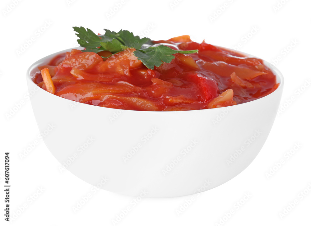 Delicious lecho in bowl isolated on white Delicious lecho in bowl isolated on white