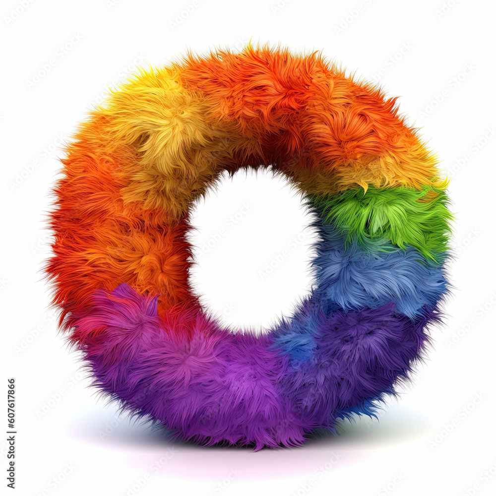 Furry letter in rainbow pride colors made of fur and feathers. Capital O Furry letter in rainbow pride colors made of fur and feathers. Capital O