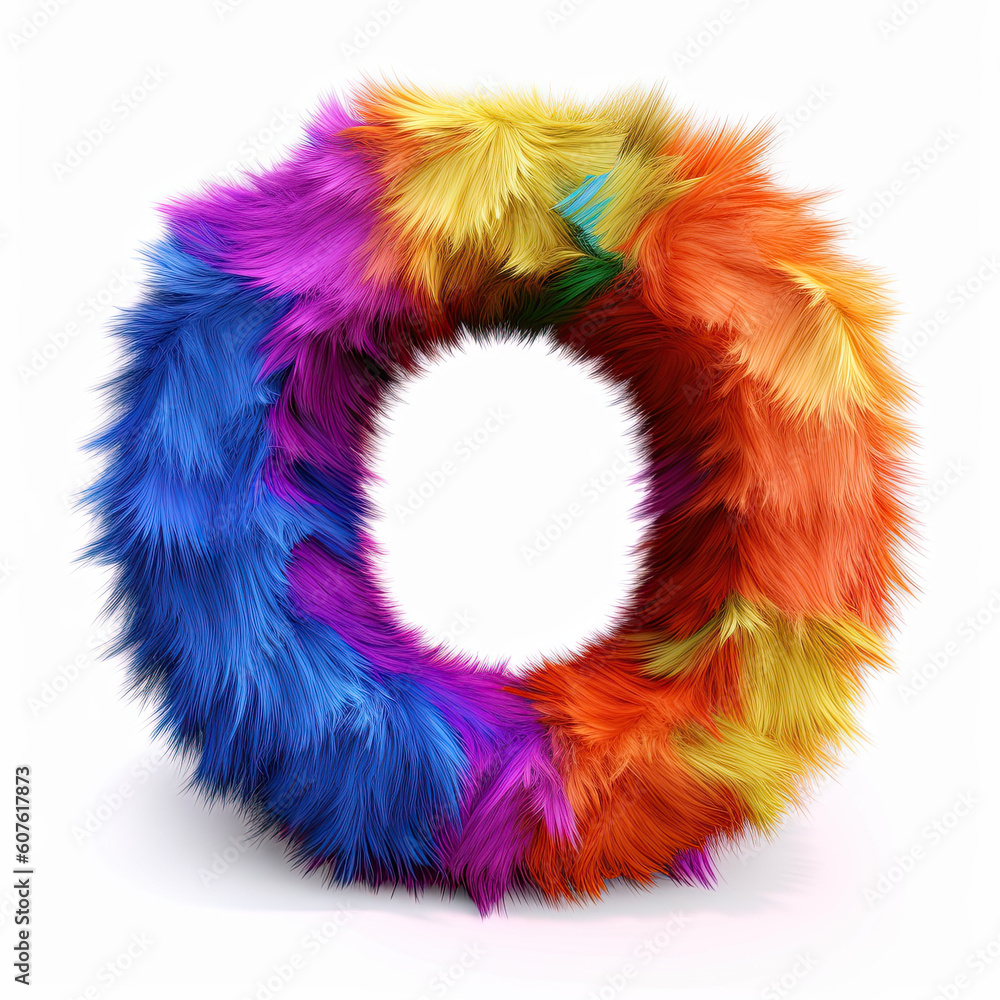 Furry letter in rainbow pride colors made of fur and feathers. Capital O Furry letter in rainbow pride colors made of fur and feathers. Capital O