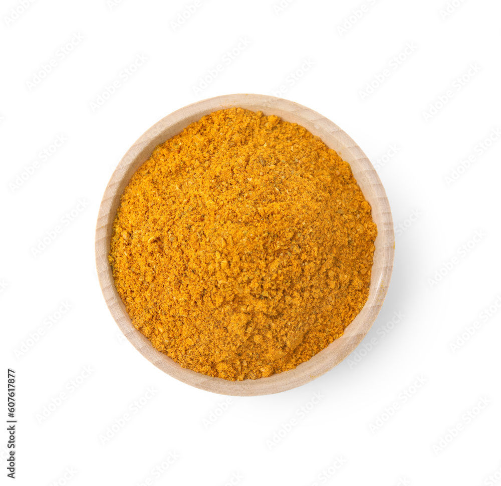 Bowl with curry powder isolated on white, top view Bowl with curry powder isolated on white, top view