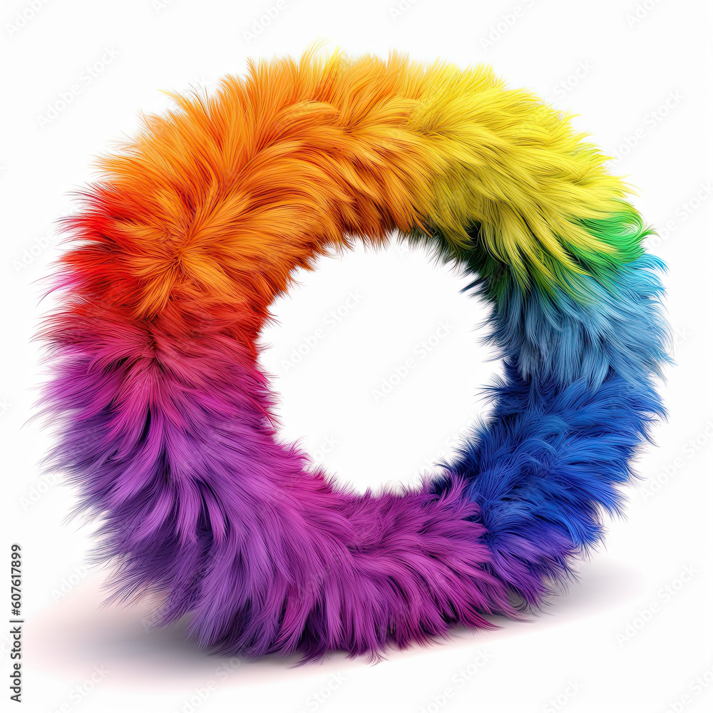 Furry letter in rainbow pride colors made of fur and feathers. Capital O Furry letter in rainbow pride colors made of fur and feathers. Capital O