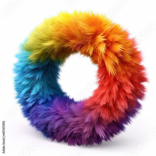 Furry letter in rainbow pride colors made of fur and feathers. Capital O