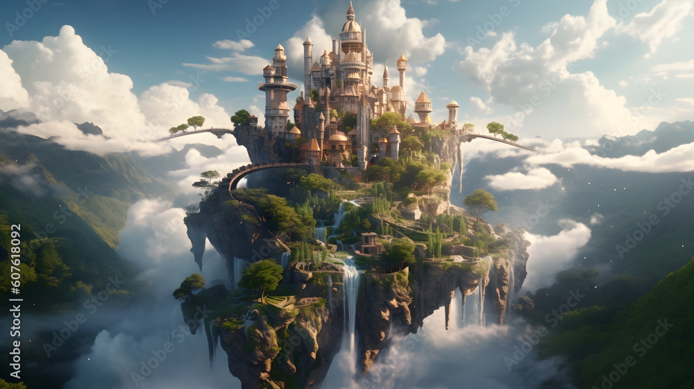 Floating Island Fantasy: Majestic Castle and Mystical Creatures in 4K