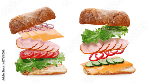 Fotografia Tasty ciabatta sandwiches with fresh ingredients in air on white background, col