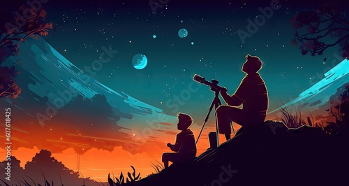Father and his son are stargazing at night with a telescope. generative ai