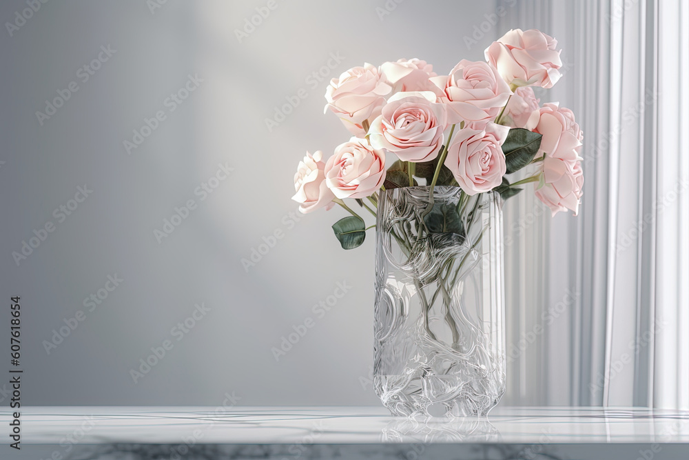Obraz premium Delicate roses bouquet in vase, window light airy background. Generative AI