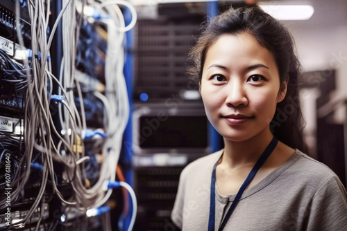 Portrait of Asian woman engineer technician in computer server room. Generative AI. photo