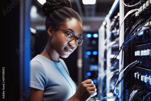 Portrait of Black woman technician in computer server room. Generative AI.