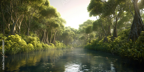 Mangrove forest view, panorama of dark wild jungle and water, generative AI. photo