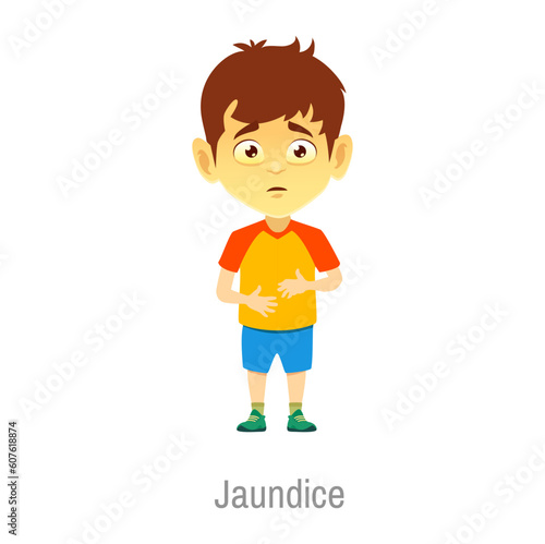 Jaundice child disease, isolated vector sick boy with yellow face and eyes, yellowish skin cause to high bilirubin level. Kid liver disease symptom. Dangerous Illness diagnosis and infant health care
