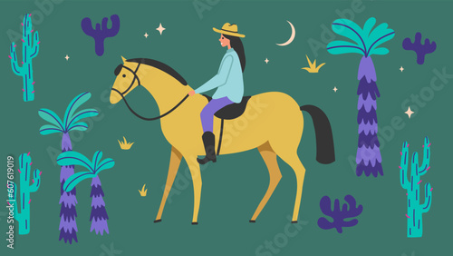 Woman on a horse and palms. Rider. Vector illustration