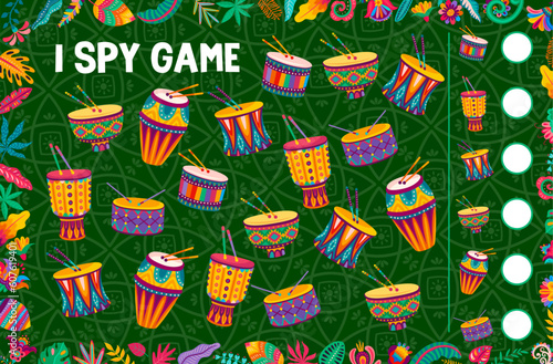 I spy game worksheet counting of african or brazilian drums. Kids vector riddle page with cartoon tribal percussion instruments. How many jumbo drums children test, education task for baby development