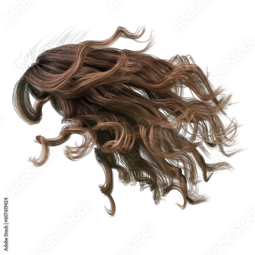 Brown windblown long wavy hair on isolated white background, 3D Illustration, 3D Rendering