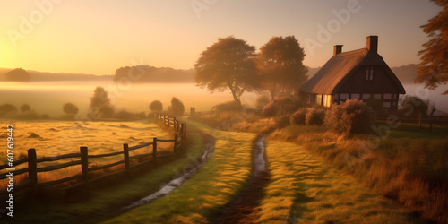 Country Bliss: Foggy Sunrise Over a Cozy Cottage
