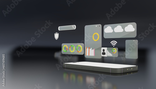 Ilustrasi Handphone Modern dengan Ikon Simbol Windows, WiFi, Kunci, Pengguna, Pie, Cloud photo