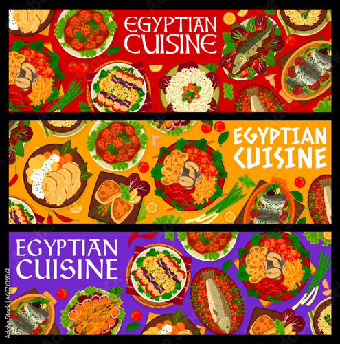 Egyptian cuisine food banners. Rice and noodles, fried swordfish with vegetables and stuffed mackerel, fish kebab, fish with sesame paste and sardine patties, baked bass and trout, mackerel with dates