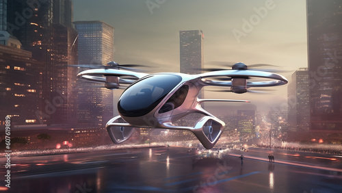 Foto Future of air mobility, city air taxi, Autonomous High-speed  drone aircraft is landing on a street in a modern city