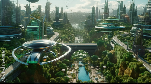 Eco-futuristic cityscape full with greenery, shared taxicabs, skyscrapers, parks, and other green spaces in urban area. Green garden in modern city. Generative AI.
