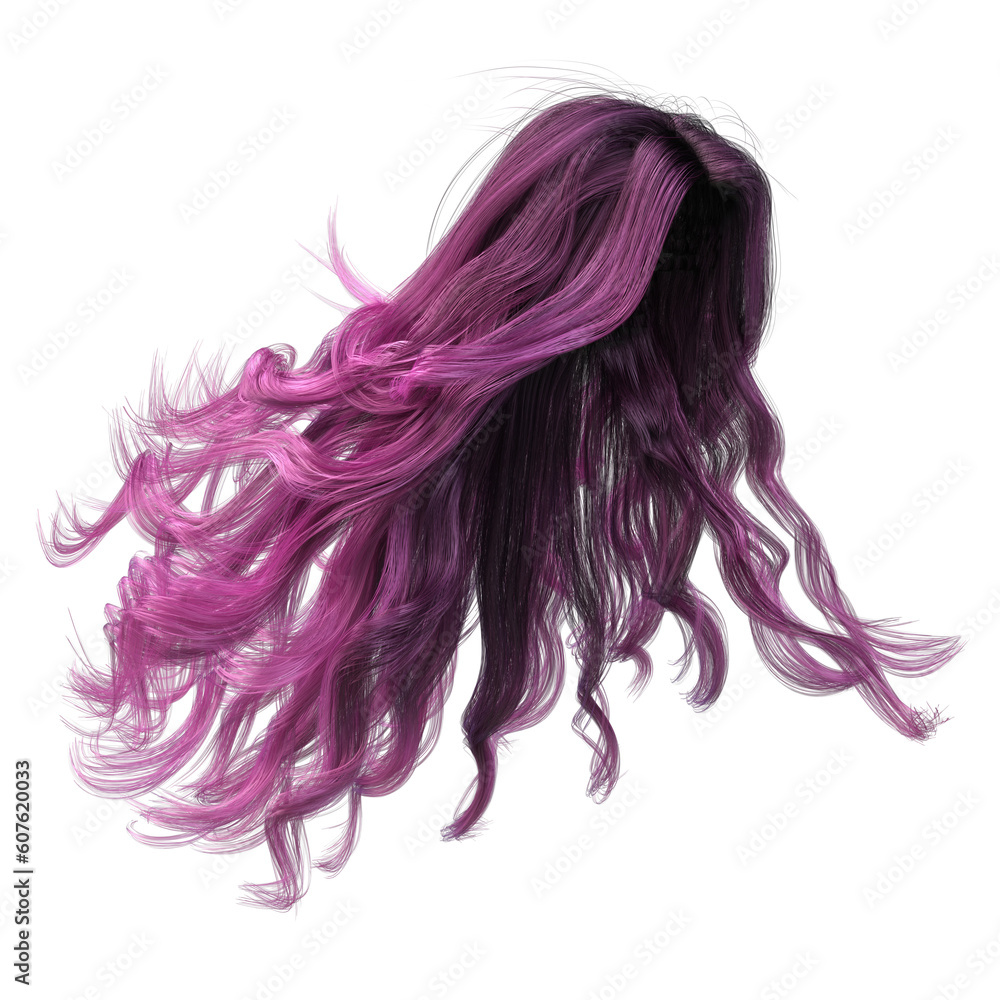 Pink windblown long wavy hair on isolated white background, 3D Illustration, 3D Rendering