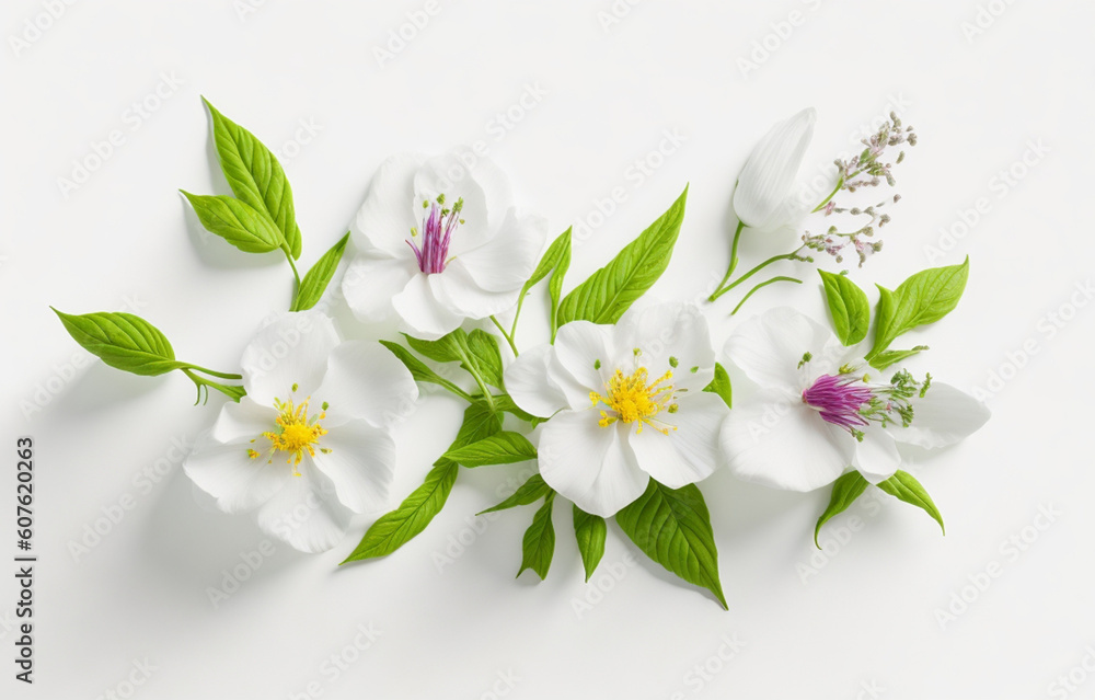 Fototapeta premium Spring flower on white background copy space flat lay mock up