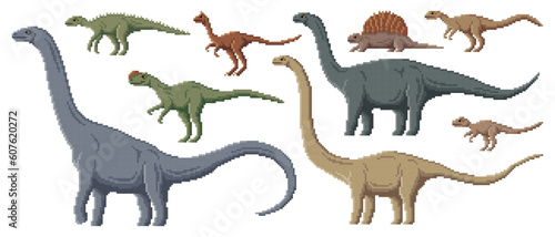 Pixel dinosaur characters. 8 bit pixel art game dino animals. Dryosaurus  Edaphosaurus  Cetiosaurus and Scutellosaurus  Paralititan  Mamenchisaurus prehistoric extinct reptile or pixel vector dinosaur