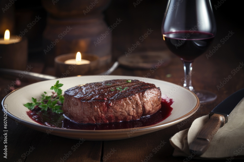 beef steak on the dish with red wine beef steak on the dish with red wine