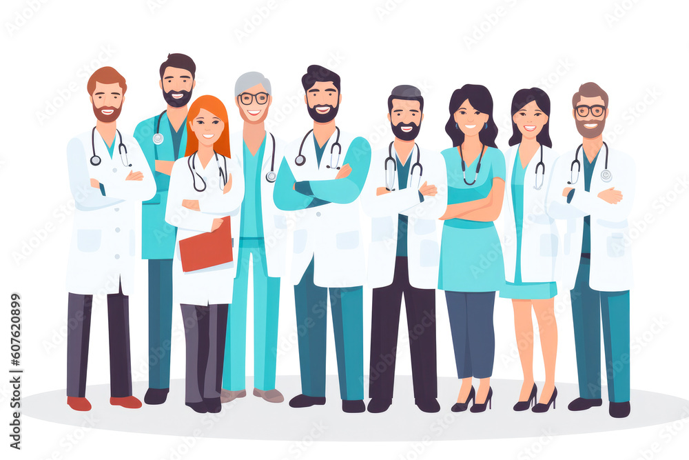 Hospital staff posing in line on a white background. Generative AI Illustration Hospital staff posing in line on a white background. Generative AI Illustration