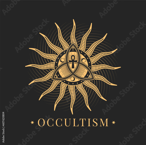 Occultism and magic, esoteric astrology icon. Triquetra, ankh, moon crescent and sun rays symbols, tarot magic sign. Witchcraft circle icon, mason tattoo or occult emblem, alchemy esoteric seal
