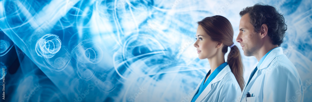 Two attractive doctors, female and male, looking away, with a blue high tech or science themed background. Generative ai Two attractive doctors, female and male, looking away, with a blue high tech or science themed background. Generative ai