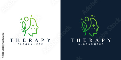 Mental health logo design. Psychotherapy symbol concept. Human head with natural therapy mind graphic design vector illustration.