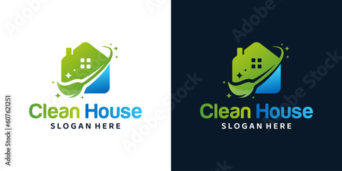 Home Cleaning logo design template with clean broom and house building design graphic vector illustration. Symbol, icon, creative.