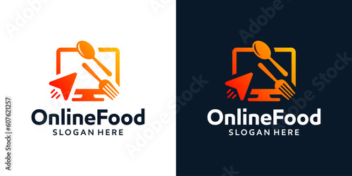 Online food logo design template. Tableware with click and monitor graphic design vector illustration. Symbol, icon, creative.