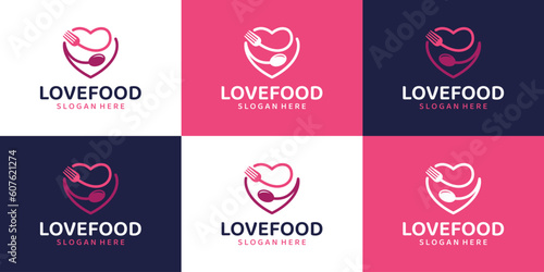 Collections of Love Food logo design with fork, spoon and heart design graphic vector illustration. Symbol for healthy food, icon, creative.