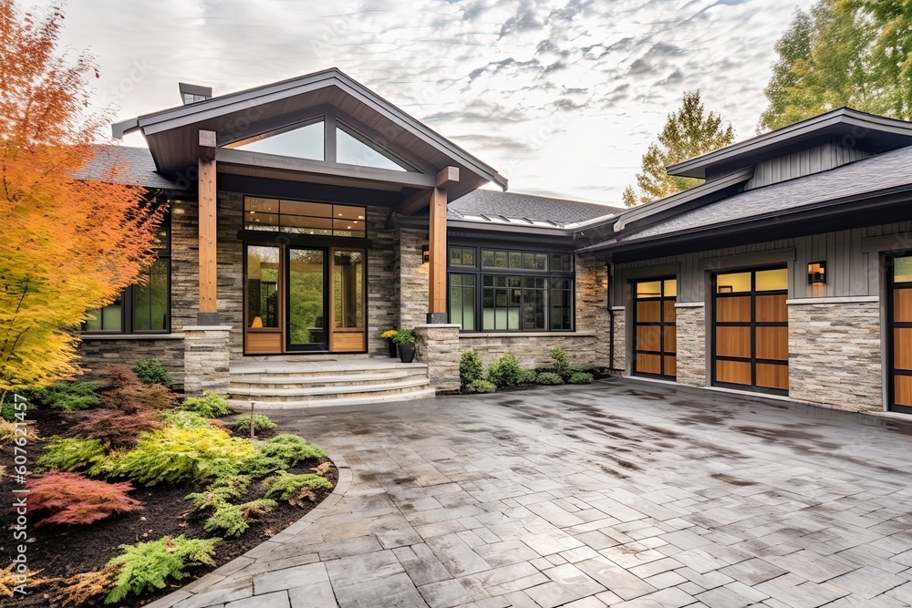 Fresh Build Property with Green Siding, Natural Stone Features, and a Three-Car Garage: A Sleek and Stunning Architectural Design, generative AI