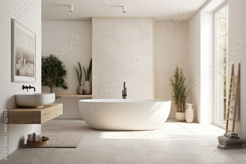 Experience the epitome of luxury in a beautifully designed bathroom with a spacious tub and an elegant sink. A space to relax and unwind in style. AI Generative