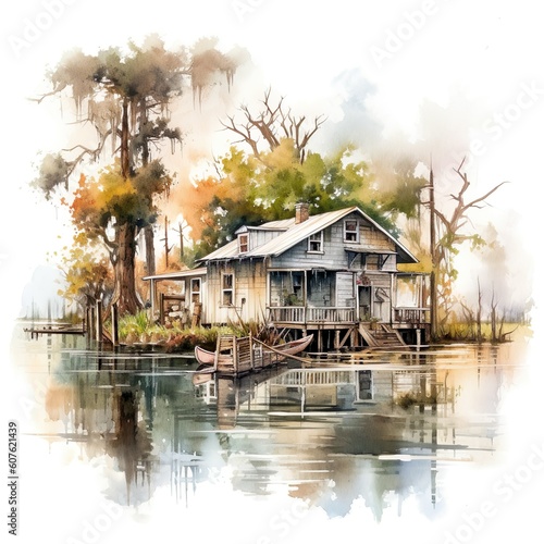 Louisiana house in the bayou with cypress trees