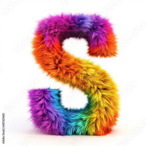 Furry letter in rainbow pride colors made of fur and feathers. Capital S 