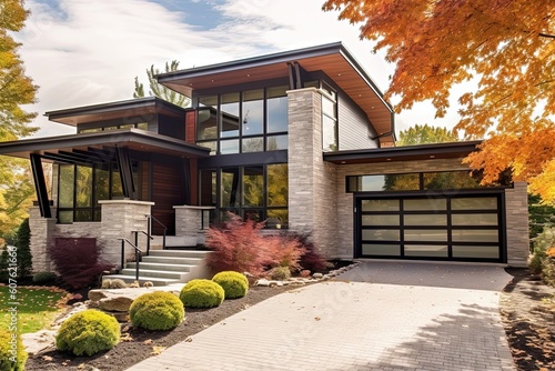 Stunning New Property with Sleek Design, Burgundy Siding, Natural Stone Features, and Three-Car Garage, generative AI