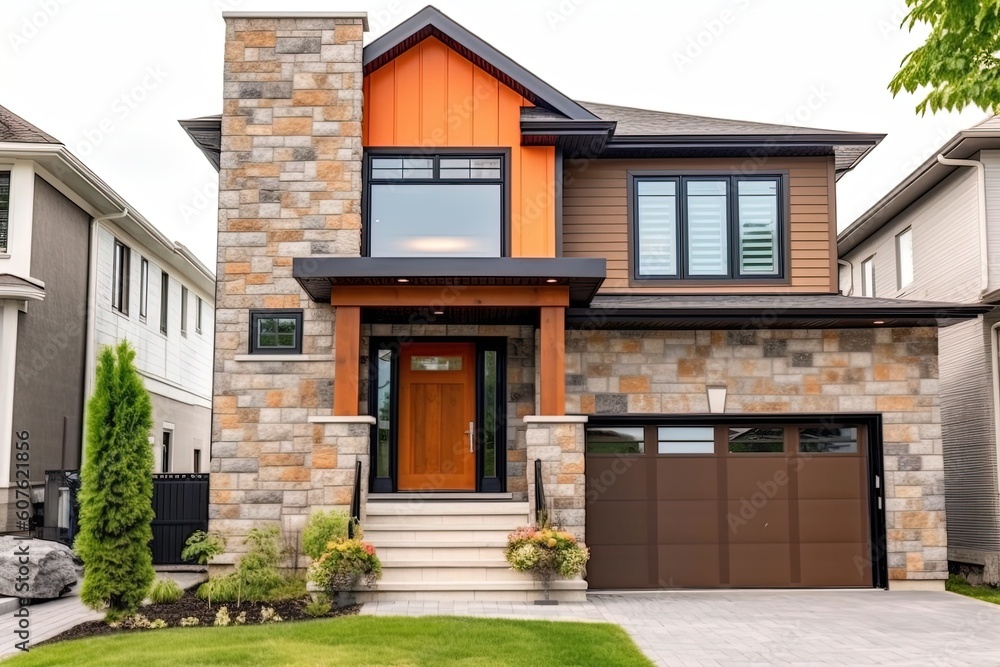 Contemporary Design Charming Home with Natural Stone Facade and Orange Siding Featuring Single Car Garage, generative AI