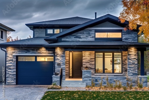 Contemporary Design Charming New House with Single Car Garage, Navy Blue Siding, and Natural Stone Facade, generative AI
