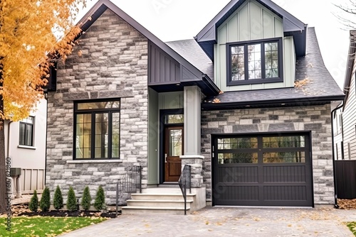 Contemporary Design Charming House with Green Siding and Natural Stone Facade, Featuring Single Car Garage, generative AI