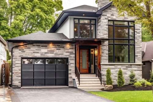 Contemporary Charm: A New House with Green Siding, Natural Stone Facade and Single Car Garage, generative AI