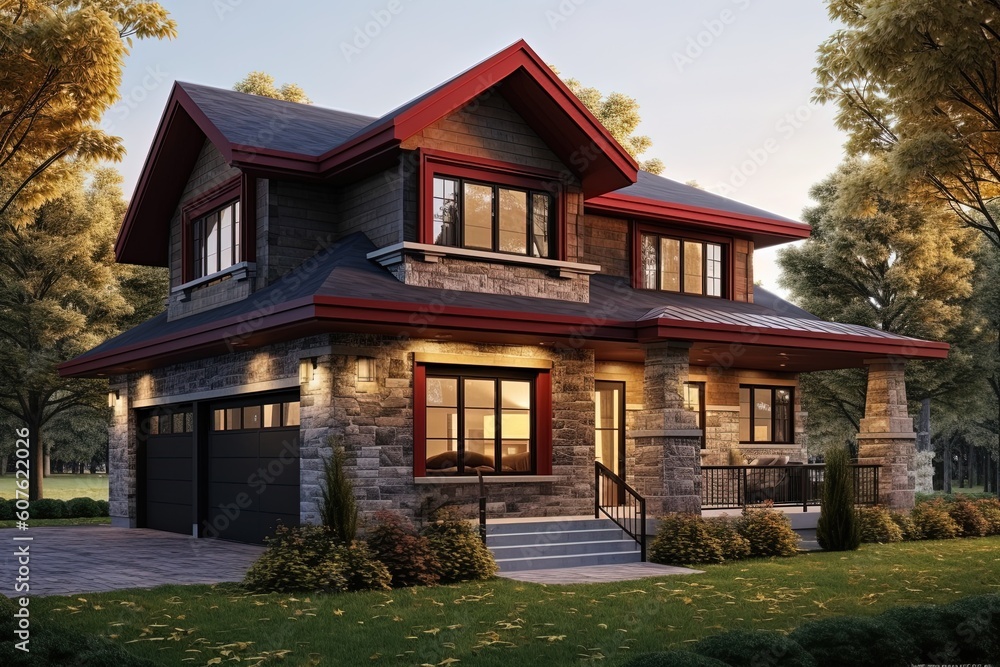 Contemporary Design Charming New House with Burgundy Siding and Natural Stone Fa�ade Featuring Single Car Garage, generative AI