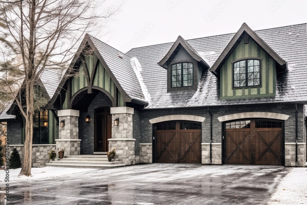 Cutting-Edge Aesthetic and Natural Stone Accents: A Classic New Build Property with a Three-Car Garage and Dark Green Siding, generative AI Cutting-Edge Aesthetic and Natural Stone Accents: A Classic New Build Property with a Three-Car Garage and Dark Green Siding, generative AI
