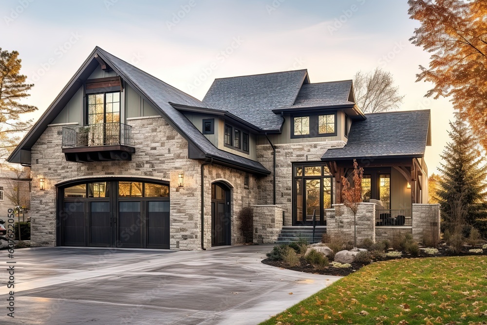 Naklejka premium Cutting-Edge Aesthetic Meets Classic Style: New Build Property Boasts 3-Car Garage, Light Green Siding, and Natural Stone Accents, generative AI